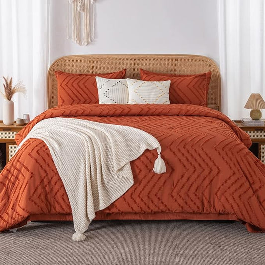 Litanika Full Size Comforter Set with Sheets Burnt Orange - 7 Pieces Bed in a Bag Full Terracotta Boho Tufted Complete Bedding Sets Rust Bed Set with Comforter, Sheets, Pillowcases & Shams