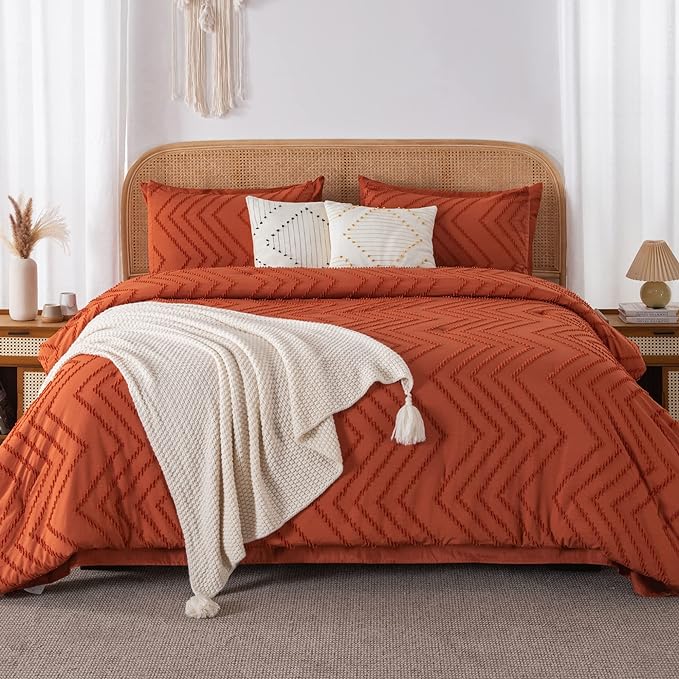 Litanika Super King Plus Size Comforter Set with Sheets Terracotta - 7 Pieces Bed in a Bag Oversized King Boho Tufted Complete Bedding Sets with Comforter, Sheets, Pillowcases & Shams