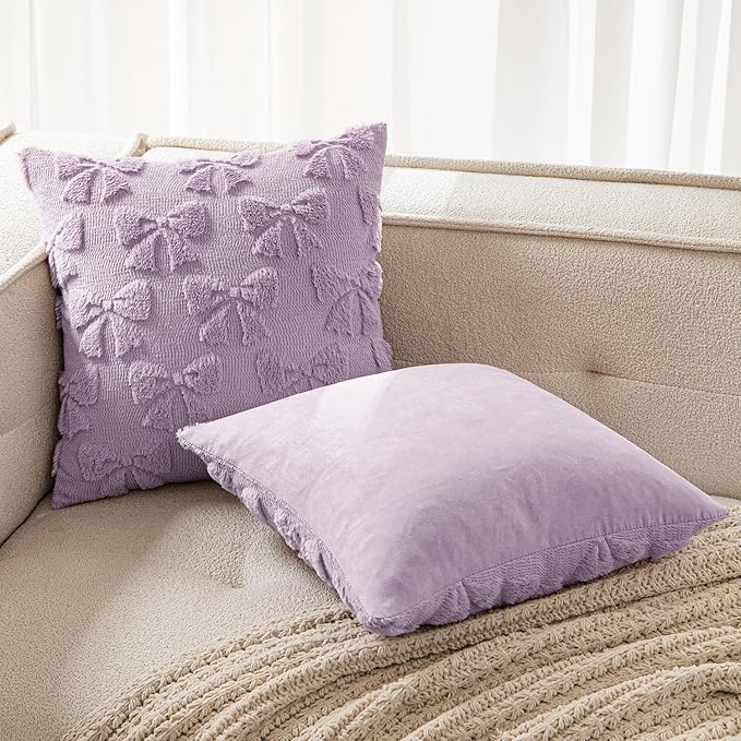 MIULEE Light Purple Bow Pillow Covers Coquette Room Decor Aesthetic Set of 2 Decorative Cute Girl Vlentine Pillow Covers Spring Soft Plush Faux Pillowcase for Preppy Room Bedroom Couch,18x18 Inch