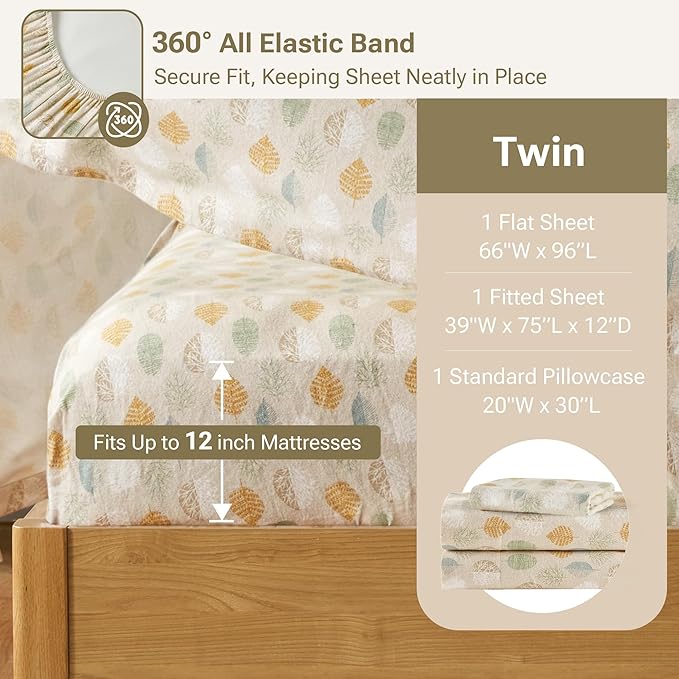 True North by Sleep Philosophy Cozy Flannel Warm 100% Cotton Sheet - Novelty Print Animals Stars Cute Ultra Soft Cold Weather Bedding Set, Twin, Multi Leaves 3 Piece
