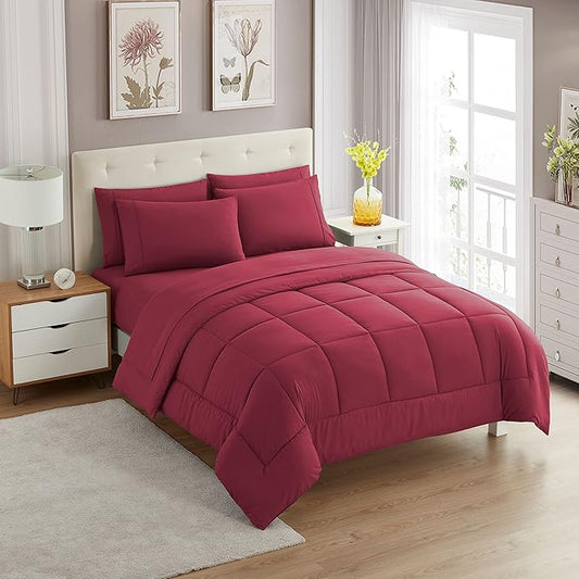 King Size Comforter Set with Sheets - 7-Piece Bedding Collection - 1 Comforter, 1 Fitted Sheet, 1 Flat, 4 Pillowcases - Deep Pocket - Soft & Premium Quality - Ideal for All Seasons, Burgundy