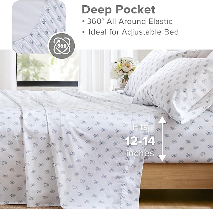 Comfort Spaces 100% Cotton Sheets Twin XL, Breathable, Naturally Cool Cotton Sheets, Soft Cotton Bed Sheets with 12" Elastic Pocket Fits up to 14" Mattress, All Seasons Sheet Set, Floral Blue 3 Piece