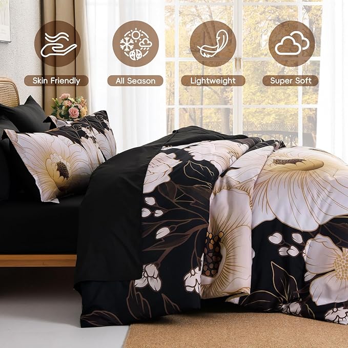 Xruibed Black Glod Floral Comforter Set Queen Size 7 Pieces Bed in a Bag Flower Bedding Sets Lightweight Boho Bed Set with Sheet,Pillowcases&Shams for All Season