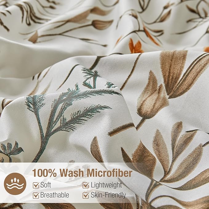 Lekesky Queen Size Duvet Cover Set, Lightweight Soft Microfiber Comforter Cover, Reversible Duvet Cover Queen with Branch Pattern, 3 Pieces Khaki Bedding Set with Zipper and 2 Pillowcases