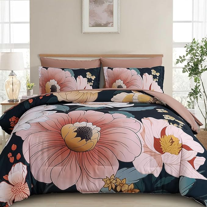 Xruibed King Comforter Set Blue Floral Comforter King Size 7 Pieces Bed in a Bag Flower Bedding Comforter Sets Lightweight Boho Bed Set with Sheet,Pillowcases&Shams for All Season