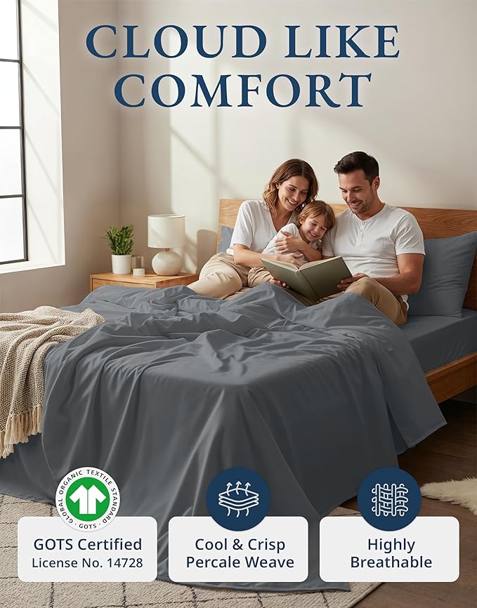 LANE LINEN 100% Organic Cotton Sheets King Size Machine Washable Fully Elasticized Soft & Comfy Mercerized Sustainably Produced All Season Eco Friendly Cotton Sheets sábanas King- Charcoal