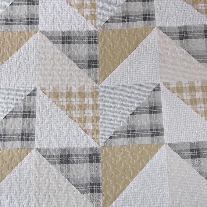 Annibedding Patchwork Quilt Set King Size, Brown Geometric Bedspread with 2 Pillow Shams, Soft Lightweight Plaid Patchwork Bedding Quilt Set for All Season (King, 110''x90'')