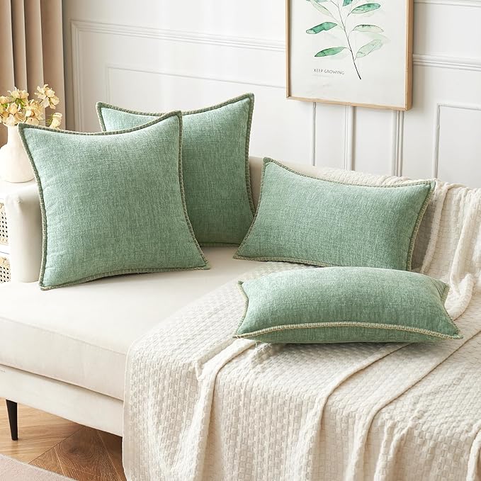 MIULEE Pack of 2 Couch Throw Pillow Covers 18x18 Inch Greyish Green Farmhouse Decorative Pillow Covers with Stitched Edge Soft Chenille Solid Dyed Spring Pillow Covers for Sofa Bed Living Room