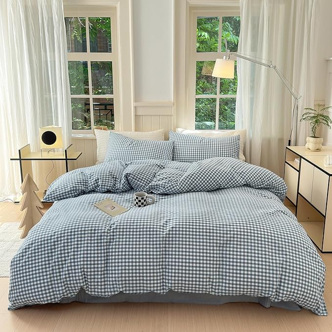 Gingham Duvet Cover King 100% Washed Cotton Blue Plaid Duvet Cover 3 Pieces Boho Grid Comforter Cover with 2 Pillowcases Luxury Soft Gingham Bedding Set Buffalo Grid Duvet Cover King Size