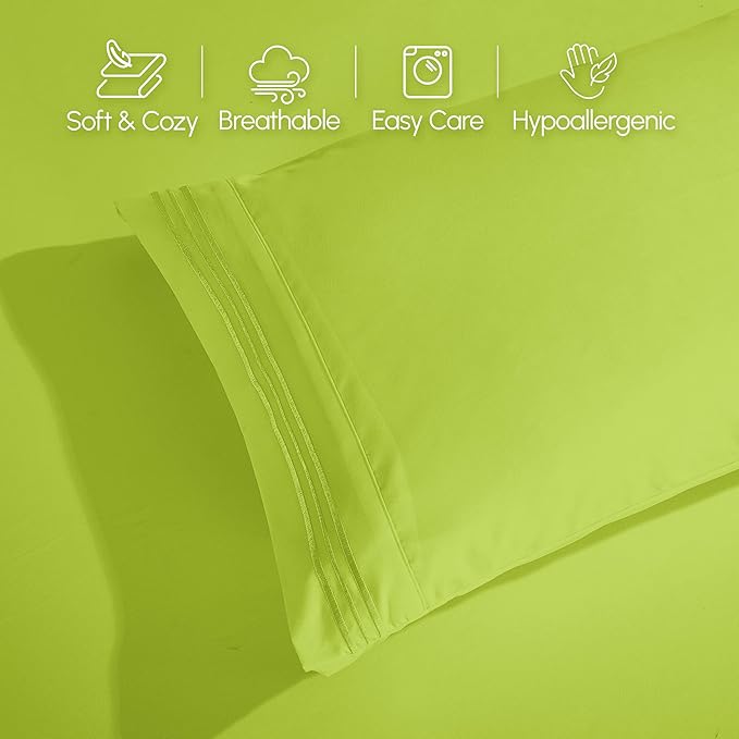 Elegant Comfort Luxurious 1500 Premium Hotel Quality Microfiber Three Line Embroidered Softest 4-Piece Bed Sheet Set, Wrinkle and Fade Resistant, Full, Lime