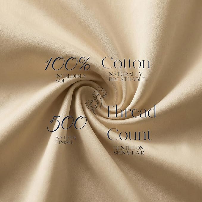 Beckham Hotel Collection Cotton Pillowcases King Size, 500TC, Sateen Finish, Open End, Breathable, Moisture-Wicking, Sand (4 Pieces)