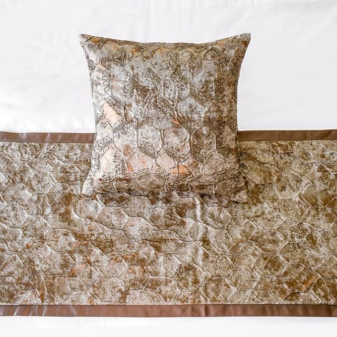 The HomeCentric King/Queen/Twin Copper Designer Queen 74"x18" Bed Runner Without Pillow Cover, Beaded & Foil Bed Scarf on Silk Fabric - Aranka