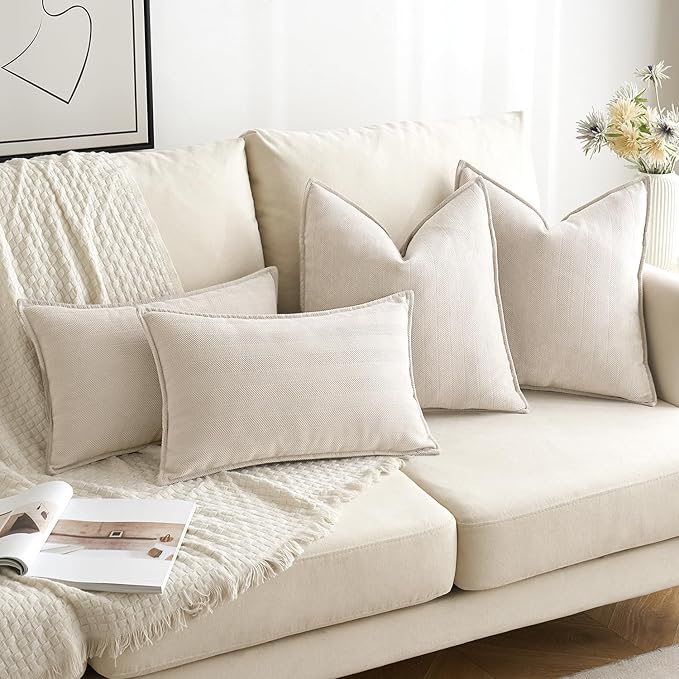 MIULEE Pack of 2 Cream Beige Decorative Pillow Covers 18x18 Inch Soft Chenille Luxurious Couch Throw Pillows Farmhouse Cushion Covers with Elegant Design for Sofa Bedroom Living Room Spring Decor