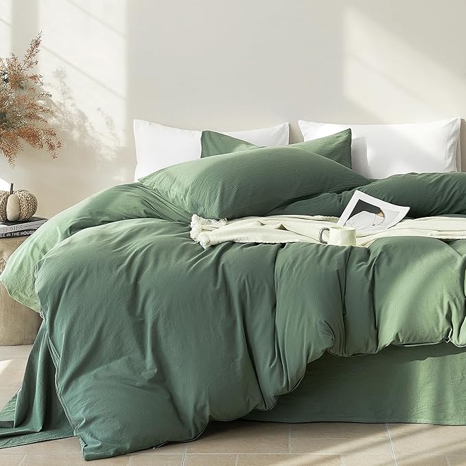 JELLYMONI Duvet Cover Twin Size - Washed Cotton Comforter Cover with Linen-Like Texture,Breathable & Soft Bedding for Modern Home,Guest Room and Everyday Use,Dusty Green 1 Duvet Cover & 1 Pillowcase