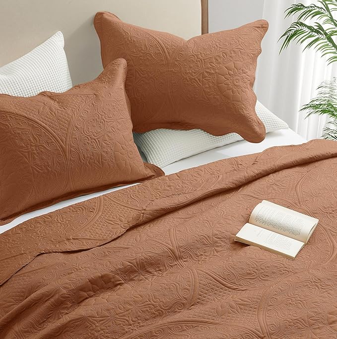 IR Imperial Rooms 8 Pack California King Quilt Bedding Set (118"x106") - Bulk Wholesale for Hotels, Guest Bedroom & Airbnbs - Microfiber Reversible Floral Embossed Quilts Bedspreads (Rust)