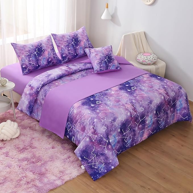 JQinHome Full Gradient Galaxy Comforter Set for Girls,6 Piece Bed in A Bag 3D Colorful Tie Dye Constellation Print Ombre Bedding Set with Pillowcase, Flat & Fitted Sheet,Cushion Cover(Purple)
