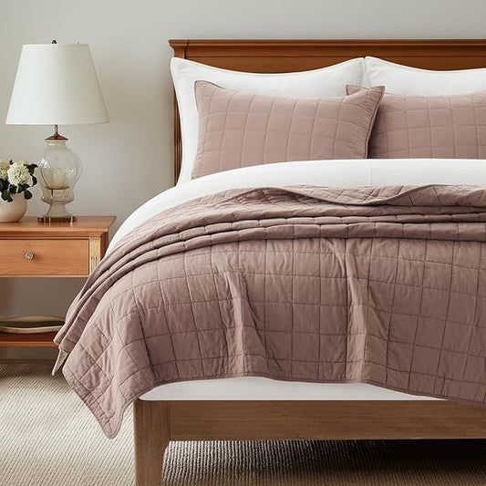 EVERGRACEHOME 100% Cotton Box Stitch Quilt Bedding Set Queen Size 3 Pieces, Garment-Washed Lightweight Soft Cozy Coverlet, Quilted Bedspread Sets with 2 Shams for All Season, Clay