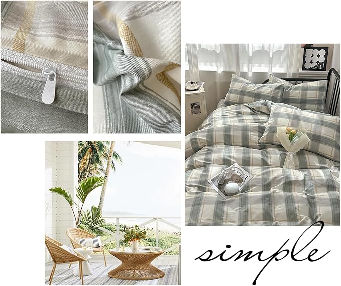 mixinni Green Grid Duvet Cover Set Queen - Vintage Buffalo Plaid Bedding Set-Green &Yellow&Beige, Soft Cotton Geometric Checkered Bedding Set with 2 Pillowcases for Boys, Girls, Teens