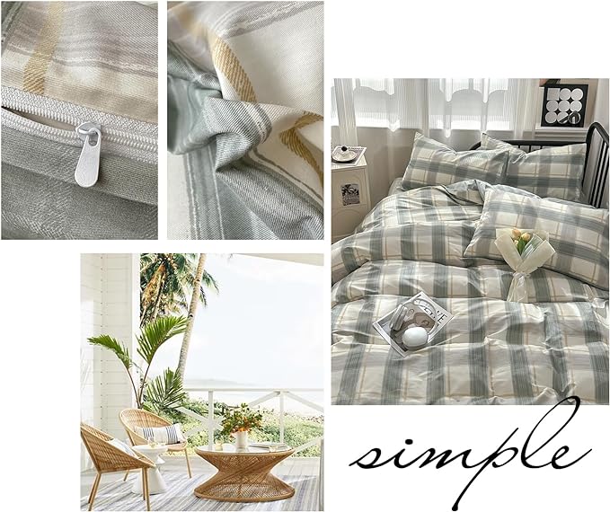 Green Plaid Duvet Cover King Soft Cotton Grid Plaid Bedding Set Geometric Checkered Gingham Comforter Cover for Men Boys Modern Style Plaid Comforter Cover 1 King Duvet Cover with 2 Pillowcases