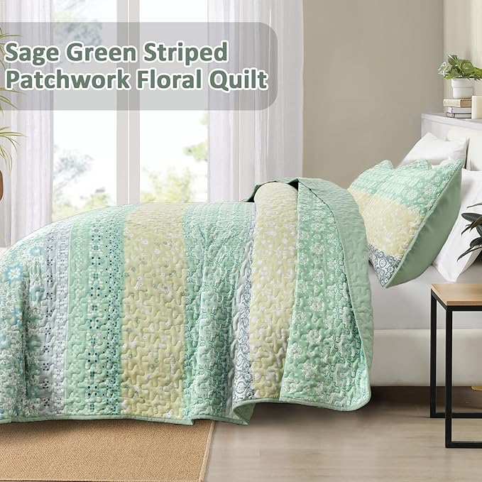 WONGS BEDDING Boho Quilt Set Queen, Sage Green Bohemian Striped Patchwork Bedspread Coverlet Set with 2 Pillowcases,Lightweight Microfiber Floral Bedding Set 96"×90"