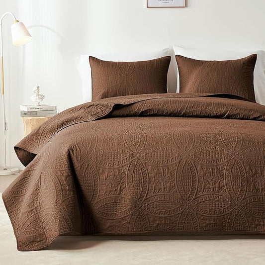 akkialla Twin Quilt Bedding Set,Brown Ultrasonic Quilt Set,Lightweight Soft Bedspread Coverlet,Modern Style Coin Pattern Bed Cover for All Seasons,2 Piece(1 Quilt,1 Pillow Sham)