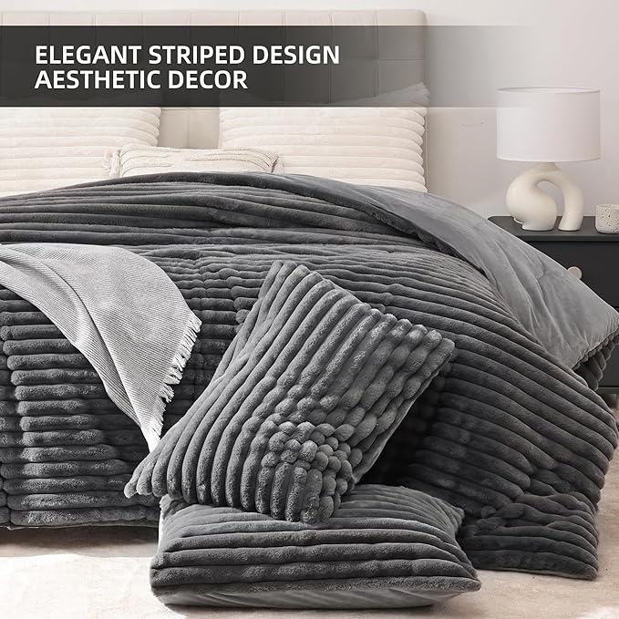 Smoofy Fluffy Full Size Comforter Sets 3 Pieces - Dark Grey Fleece Fluffy Comforter Set, Luxury Fuzzy Full Bed Set, Soft Comforter Full Size All Season, Heavy Faux Fur Comforter with 2 Pillow Cases