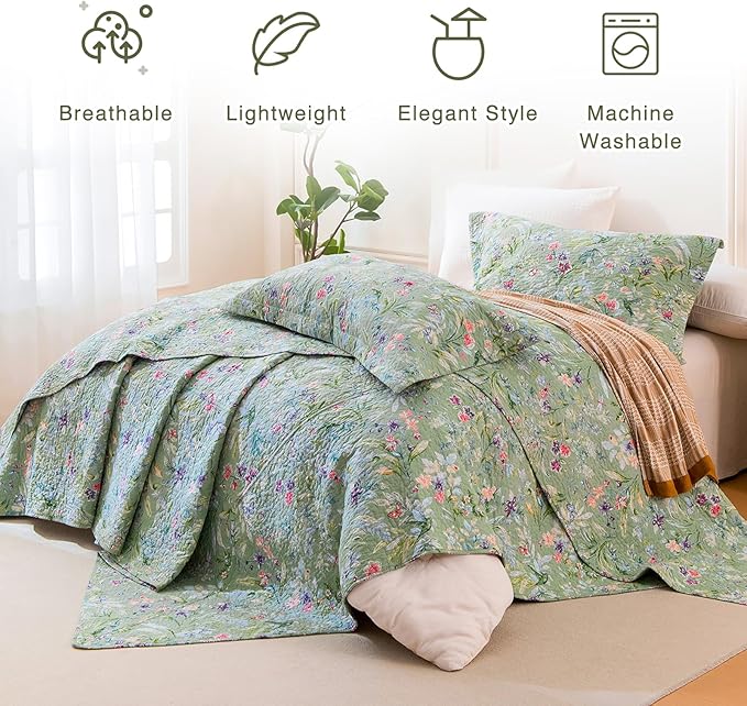 QSH 3Pcs Green Floral Quilt Oversized Queen Size (102"x118") -100% Cotton Quilt Oversized Queen Set Summer Flower Bird Butterfly Printed Bedspread Coverlet Extra Soft Lightweight with Pillowcases
