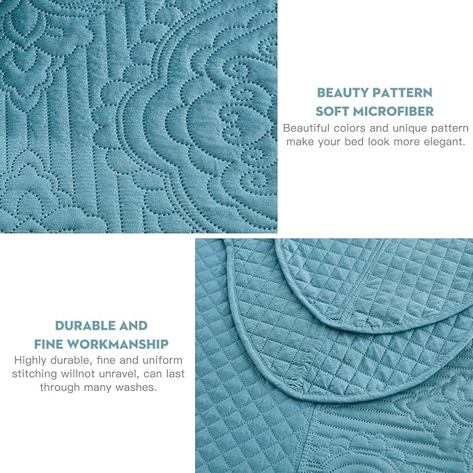 HZ & HY Oversized King Bedspread 138x122 Extra Wide, Ultrasonic Coverlet Bedding Set, Lightweight Thin Comforter, Reversible, 5 Piece, 100% Microfiber, California/Alaskan King, Lagoon