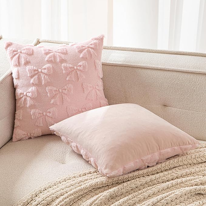 MIULEE Light Pink Bow Pillow Covers Coquette Room Decor Aesthetic Set of 2 Decorative Cute Girl Vlentine Pillow Covers Spring Soft Plush Faux Pillowcase for Preppy Room Decor Bedroom Couch,18x18 Inch