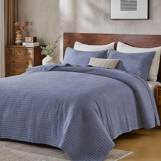 DOWN HOME Queen Quilt Bedding Set with Shams, Vintage Washed Soft Quilted Blanket Thin Comforter Lightweight Bedspread Coverlet Bed Cover, Brushed Microfiber Stripe Stitching, Vintage Denim, 86"x90"