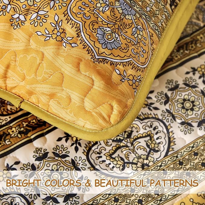 WONGS BEDDING Boho Queen Quilt Set, Yellow Orange Bohemian Queen Quilt Bedding Set, Lightweight Microfiber Bed Decor Bedspread for All Season 96"x90"(3 Pieces)