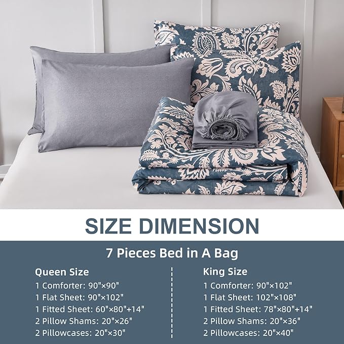Drucon Paisley Comforter Set Queen, 7 Pieces Bed in a Bag Boho Comforter Bedding Soft Microfiber Queen Size Navy Blue Comforter with Sheet & Pillowcases