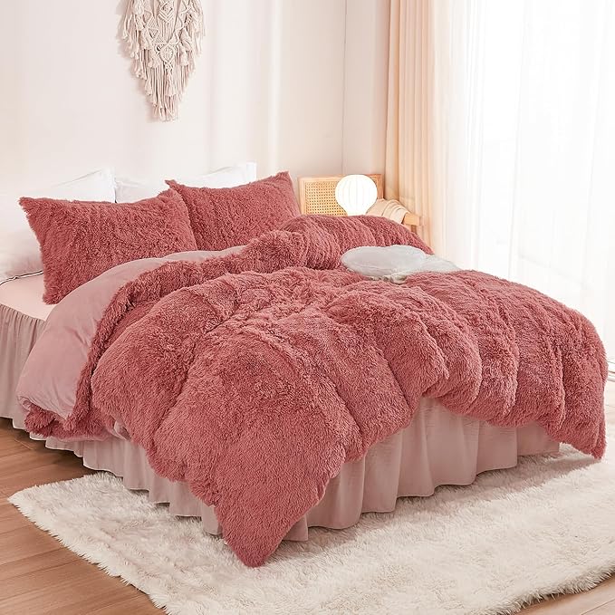 annadaif Fluffy Duvet Cover Full Size, Old Pink Plush Shaggy Faux Fur Comforter Cover Velvet Bedding Set with Zipper Closure(1 Duvet Cover, 2 Pillowcases)
