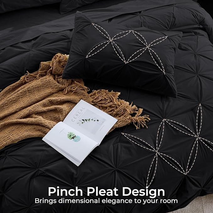 Sasttie Full Size Comforter Set, 7-Piece Bed in a Bag, Pintuck Bedding Set for All Season, Includes Comforter, Flat Sheet, Fitted Sheet, Pillowcases and Pillowshams, Black
