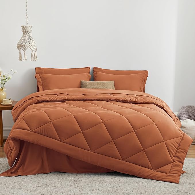 Love's cabin King Size Comforter Set Terracotta, 7 Pieces King Bed in a Bag, All Season Bedding Sets with 1 Comforter, 1 Flat Sheet, 1 Fitted Sheet, 2 Pillowcase and 2 Pillow Sham
