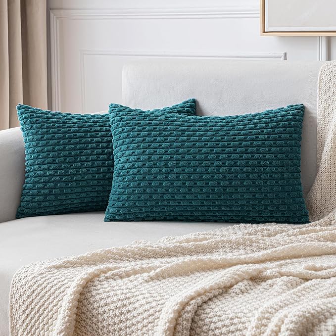 MIULEE Pack of 2 Decorative Lumbar Throw Pillow Covers 12x20 Inch Soft Boho Striped Textured Corduroy Pillow Covers Modern Farmhouse Home Decor for Couch Bed Sofa Living Room Teal Blue