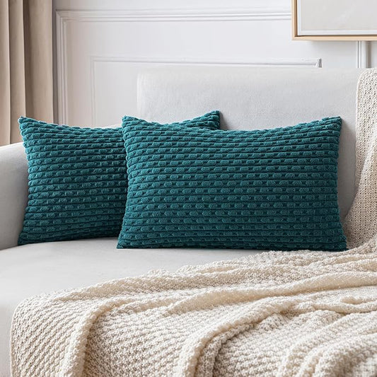 MIULEE Pack of 2 Decorative Lumbar Throw Pillow Covers 12x20 Inch Soft Boho Striped Textured Corduroy Pillow Covers Modern Farmhouse Home Decor for Couch Bed Sofa Living Room Teal Blue