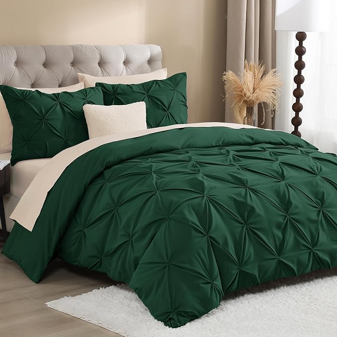 Litanika Emerald Pinch Pleat Duvet Cover Queen, 3 Pieces Pintuck Soft Microfiber Bedding Set with Zipper Closure & Corner Ties(90x90Inch-1 Duvet Cover, 2 Pillowcases)