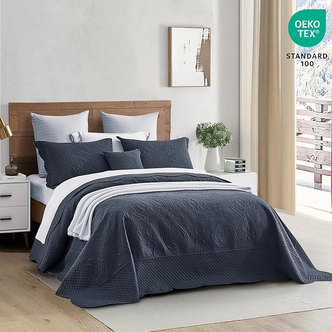 HZ & HY Oversized King Bedspread 128x120 Extra Wide, Ultrasonic Coverlet Bedding Set, Lightweight Thin Comforter, Reversible, 5 Piece, 100% Microfiber, Navy Blue