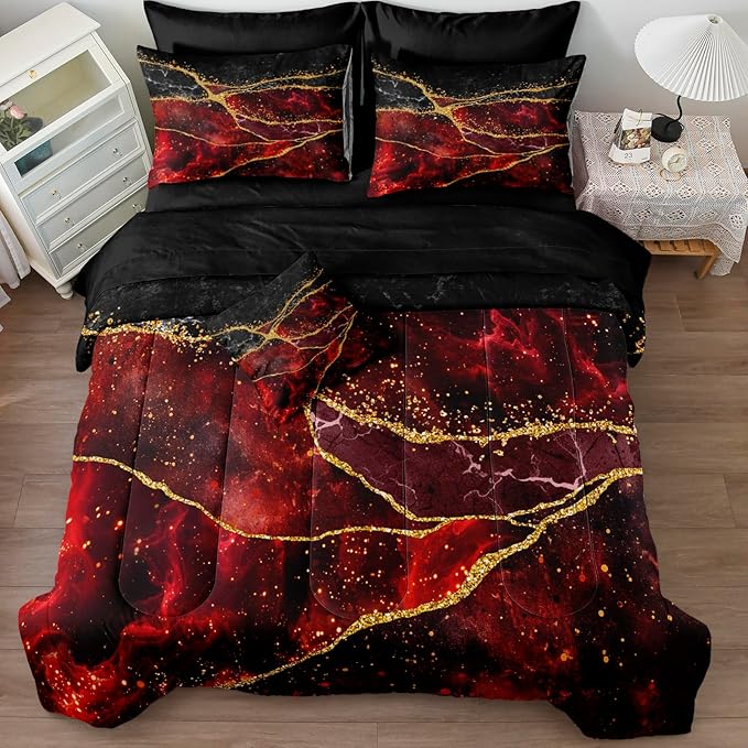 Black Gold Comforter Set 8 Pcs Red Marble Bedding Queen Size Bed in A Bag Stone Texture Abstract Room Decor