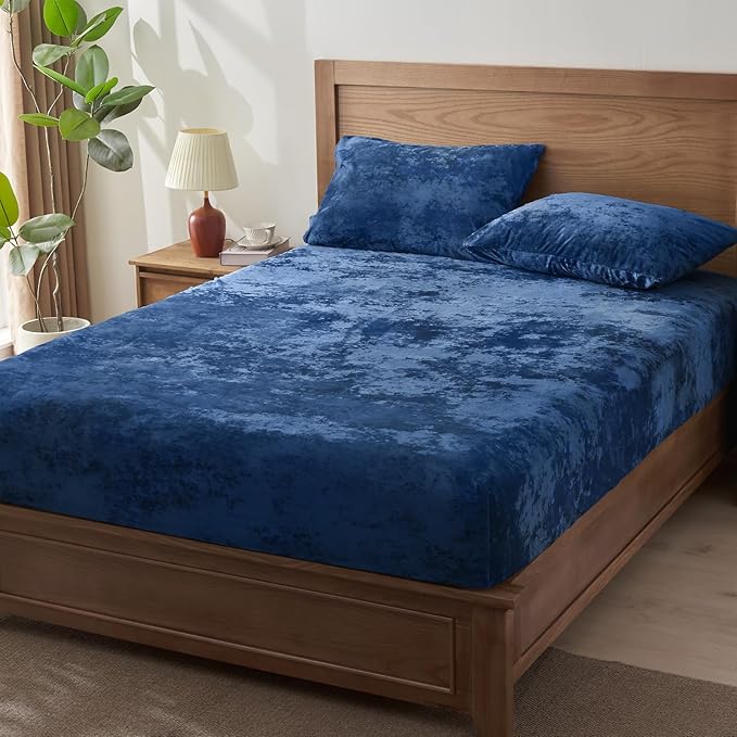 BEDELITE Velvet Fitted Sheet and Pillowcase Set, Luxury Soft Fuzzy Bottom Sheet with Reinforced Elastic Corner Straps, Deep Pocket up to 15 Inch, 1 Fitted Sheet and 1 Pillowcase (Twin, Navy Blue)