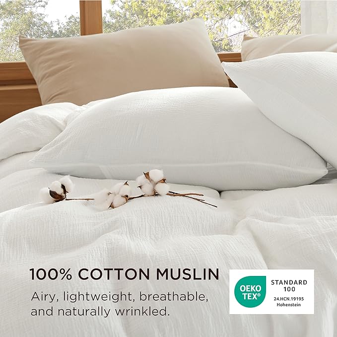 Bedsure 100% Muslin Cotton Duvet Cover King Size - Ultra-Soft, Breathable & Lightweight - Linen Like Gauze Comforter Cover Set with Button Closure and Corner Ties (White, King, 104"x90")