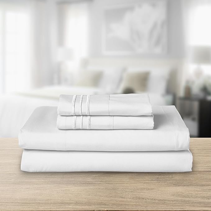 Elegant Comfort Luxurious 1500 Premium Hotel Quality Microfiber Three Line Embroidered Softest 4-Piece Bed Sheet Set, Wrinkle and Fade Resistant, Full, White