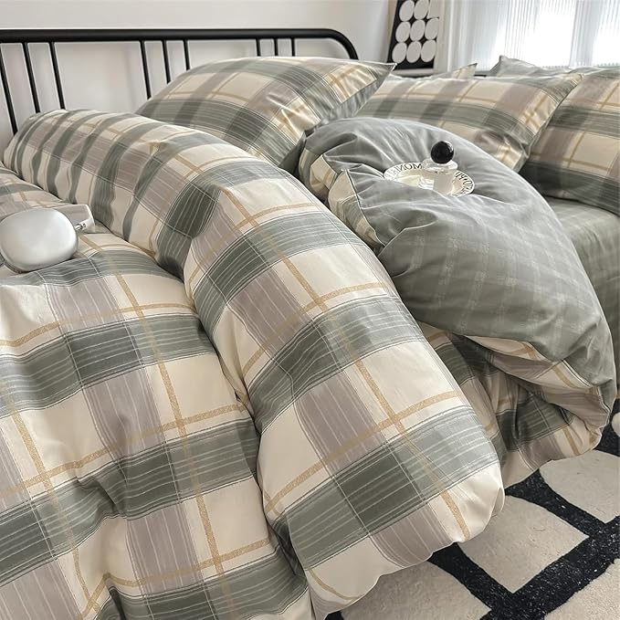 Green Plaid Duvet Cover King Soft Cotton Grid Plaid Bedding Set Geometric Checkered Gingham Comforter Cover for Men Boys Modern Style Plaid Comforter Cover 1 King Duvet Cover with 2 Pillowcases