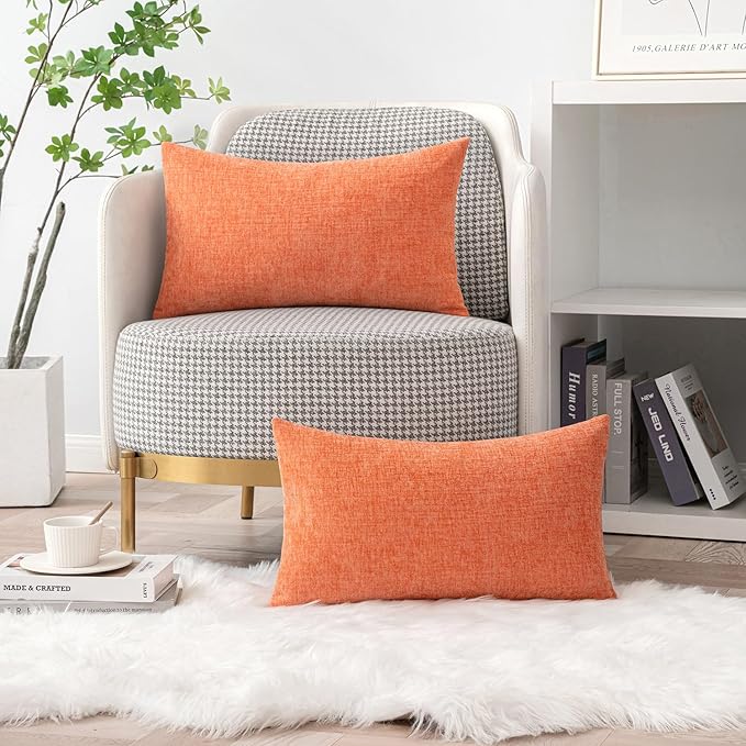 MIULEE Pack of 2 Couch Throw Pillow Covers 12x20 Inch Soft Coral Red Chenille Lumbar Pillow Covers for Sofa Living Room Spring Home Decor Couch Solid Dyed Cases