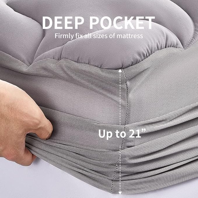 SLEEP ZONE Full Size Mattress Pad, Cooling Mattress Topper, Quilted Fitted Mattress Cover, Machine Washable Mattress Protector, Soft Fluffy Down Alternative, Deep Pocket 8~21 inch (Grey, Full)