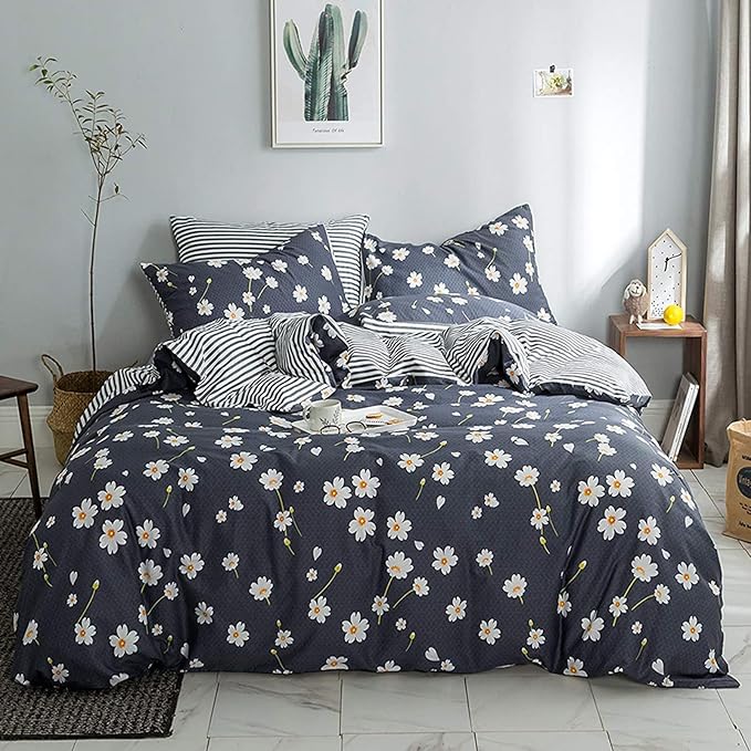 HighBuy Floral Duvet Cover Kids Girls Shabby Chic Duvet Cover Set Cotton Striped Reversible Stripe Pattern Navy Blue Teens Boys Bedding Set Twin Single Bed Comforter Covers