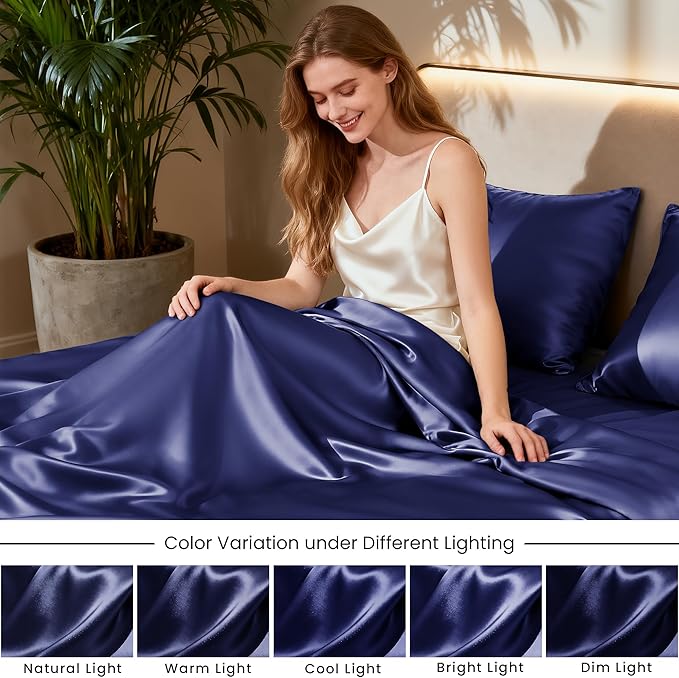 Love's cabin Satin King Sheet Sets - 4 Piece Navy Blue Silky Sheets King Size Bed with Deep Pocket, Luxury Silk Feel King Size Satin Sheet Set (1 Flat Sheet,1 Fitted Sheet,2 Pillow Cases)