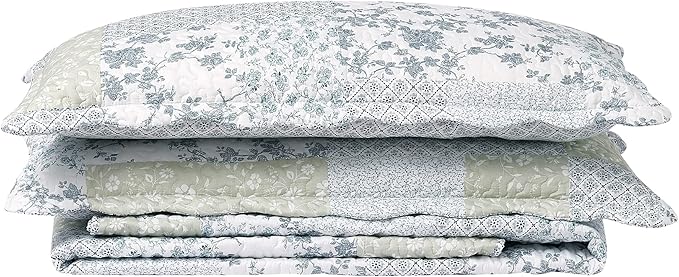Brilliant Sunshine Multi Blue and Beige Floral Patchwork, 3-Piece Quilt Set with 2 Shams, Reversible Bedspread, Soft Lightweight Coverlet, All-Season, King, Blue White