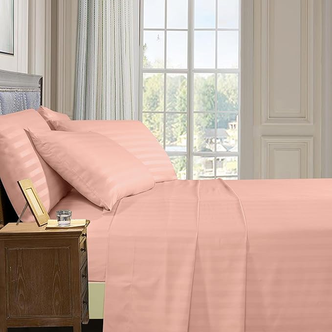 Elegant Comfort Softest and Coziest 6-Piece Sheet Set - 1500 Premium Hotel Quality Microfiber - Deep Pocket, Wrinkle Resistant 6-Piece Damask Stripe Bed Sheet Set, King, Dusty Rose